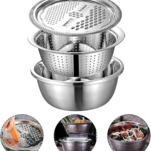Silver 3 in 1 Stainless Steel Drain Basket Vegetable Cutter